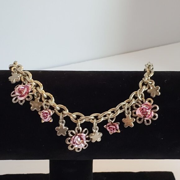 Vintage Enamel Flower Mixed Charm Silver Tone Bracelet - Picture 1 of 11